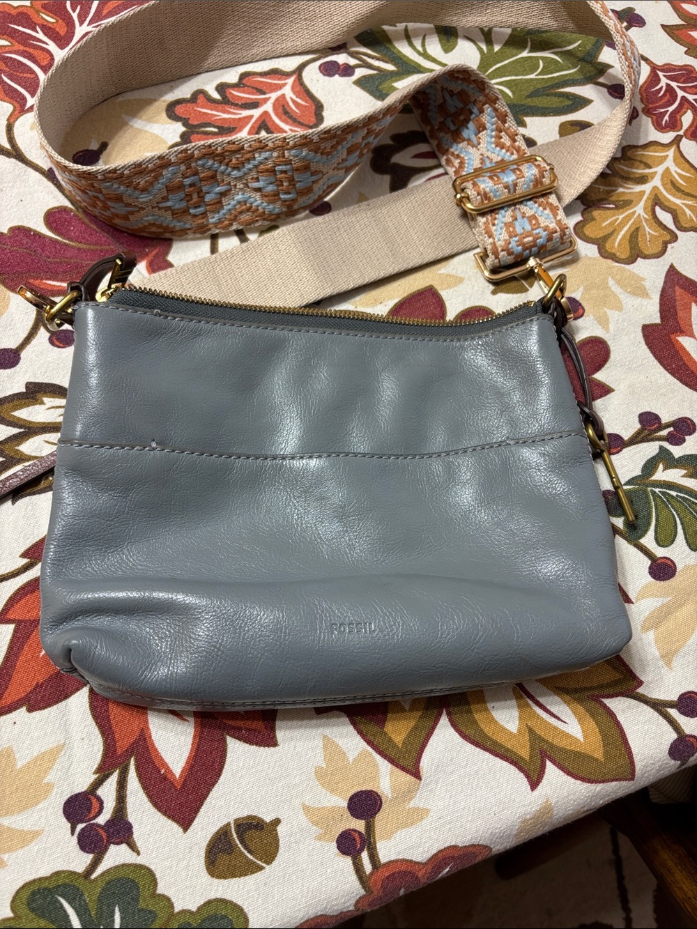 Fossil Leather Crossbody Bag in Light Blue with Woven Strap